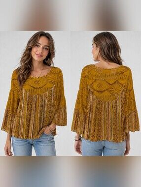 Kings Road Women's Medium Boho Mustard Yellow Crochet Lace Bell Sleeve Rayon Top